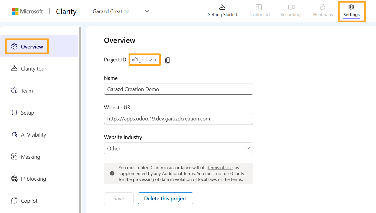 microsoft clarity settings overview project id