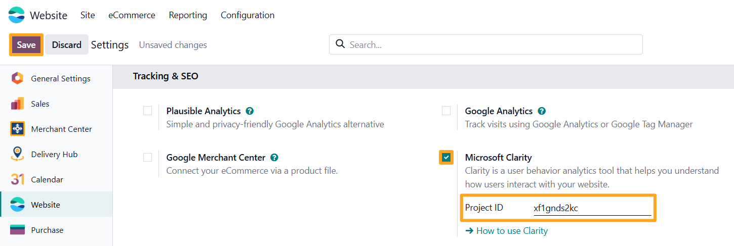odoo website settings tracking seo microsoft clarity project id