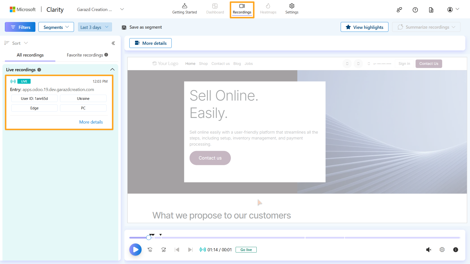 microsoft clarity live recordings