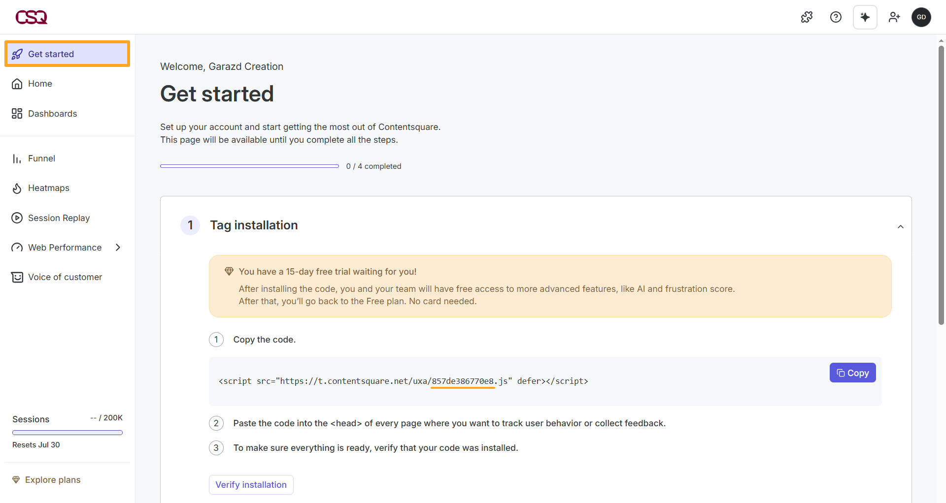 contentsquare get started tracking code