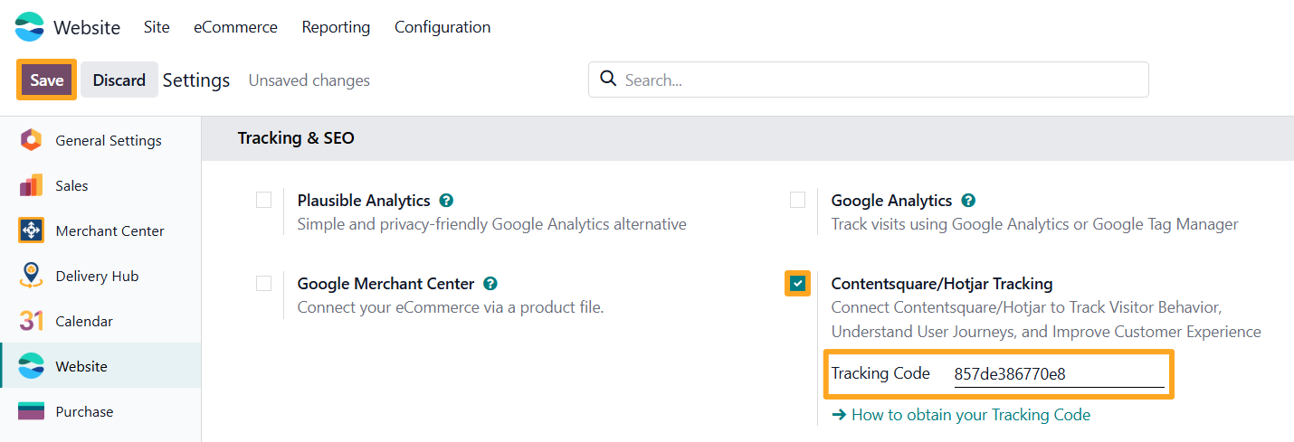 odoo website settings contetsquare hotjar tracking code