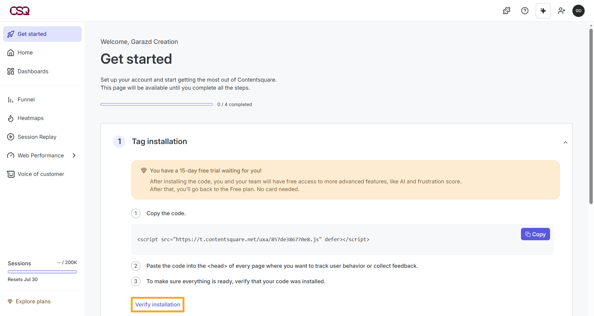 contentsquare get started verify tag installation