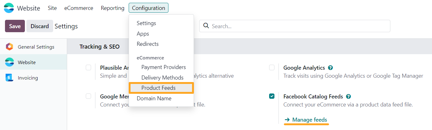 odoo online website configuration ecommerce product feeds facebook catalog manage