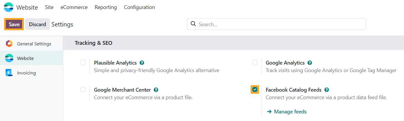 odoo online website settings tracking seo facebook catalog feeds