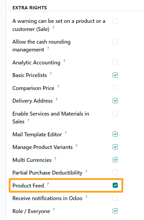 odoo user settings access extra rights product feed