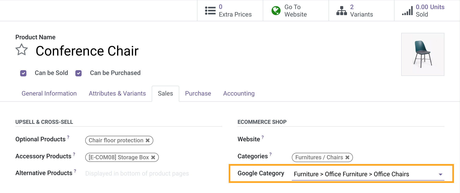 Odoo False Google Product Category setting