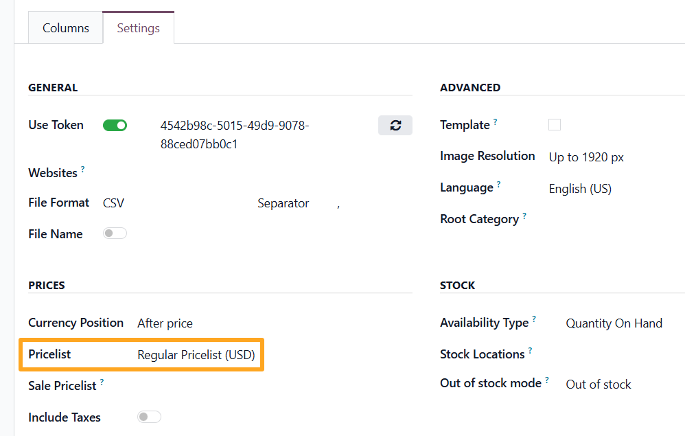 odoo facebook catalog product feed prices settings pricelist