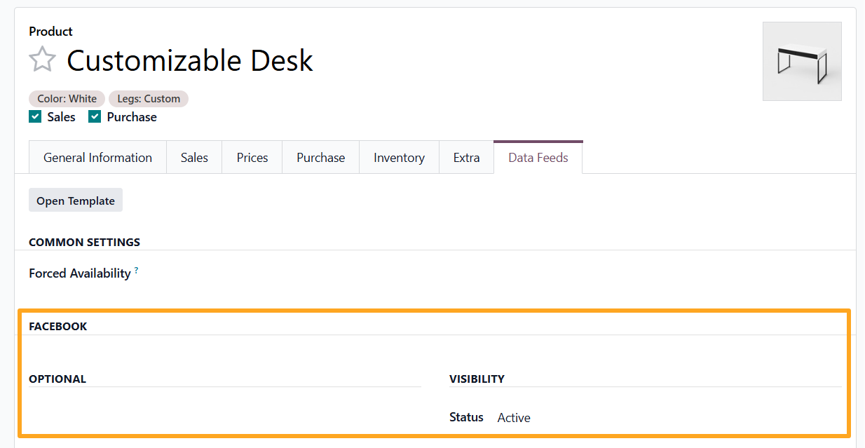 odoo товар data feeds facebook видимість статус
