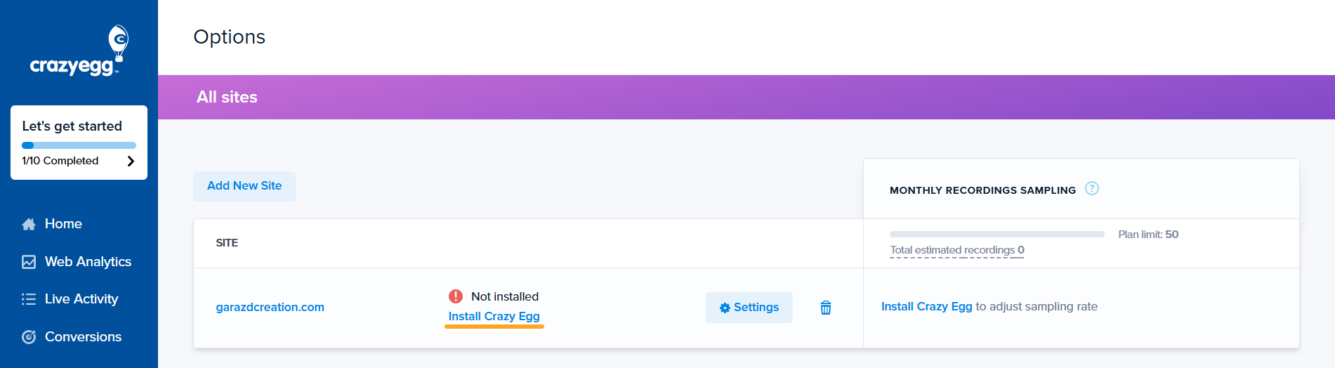 options all sites install crazy egg