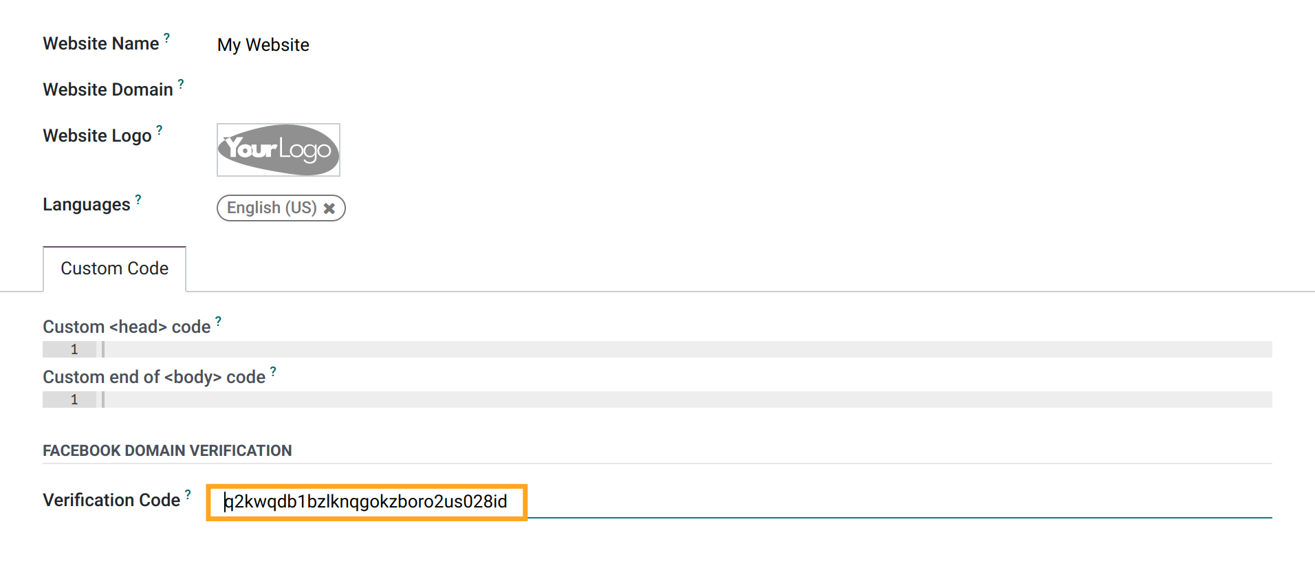 Odoo 14.0 Facebook Domain Verification code