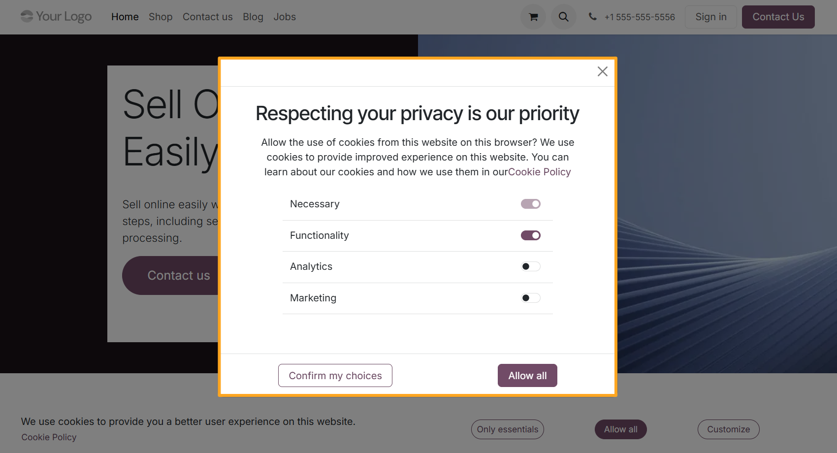 odoo website cookie banner