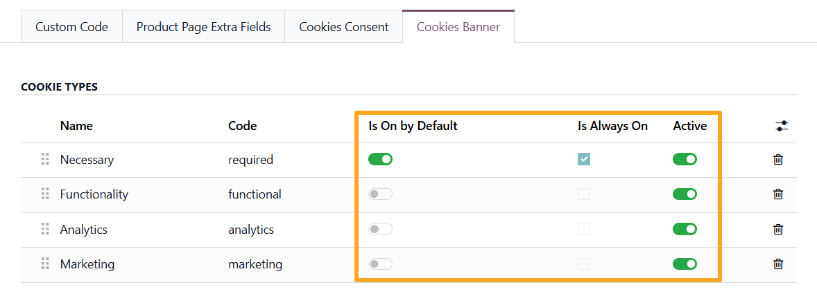 odoo website cookies banner cookie types