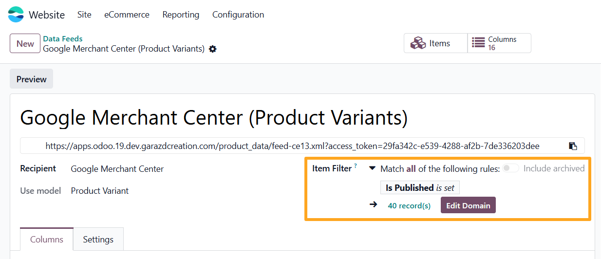 odoo google merchant center data feed item filter