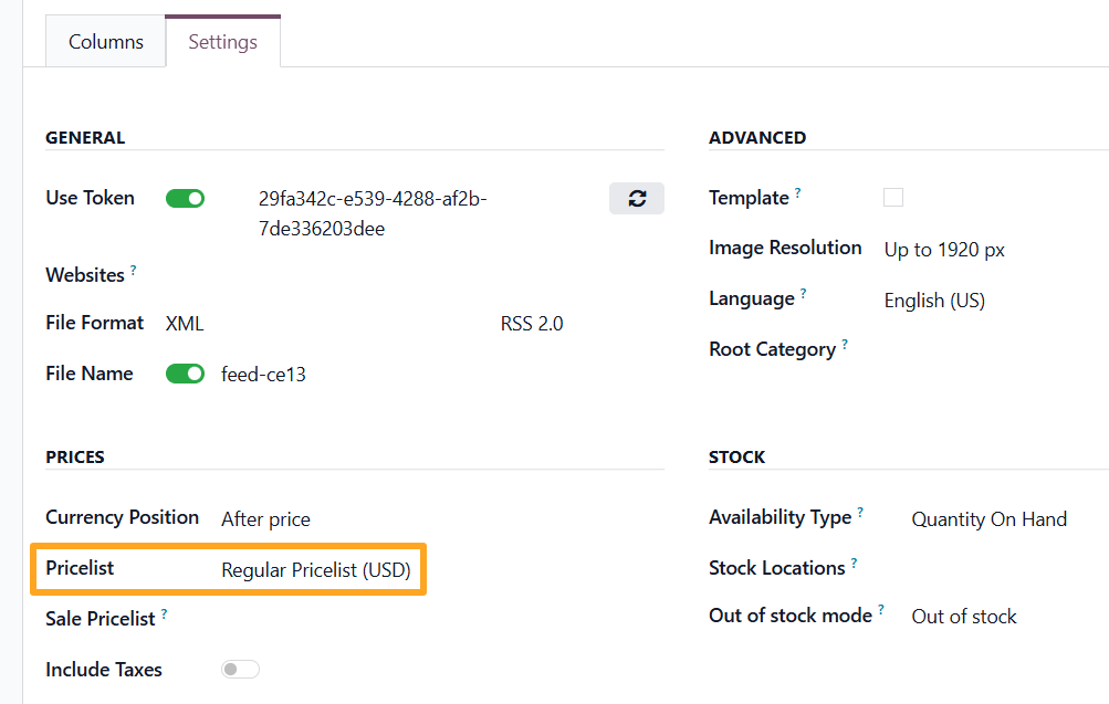 odoo google merchant center data feed prices settings pricelist