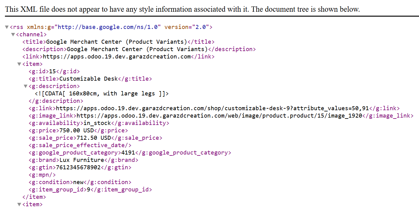 odoo google merchant center xml feed preview