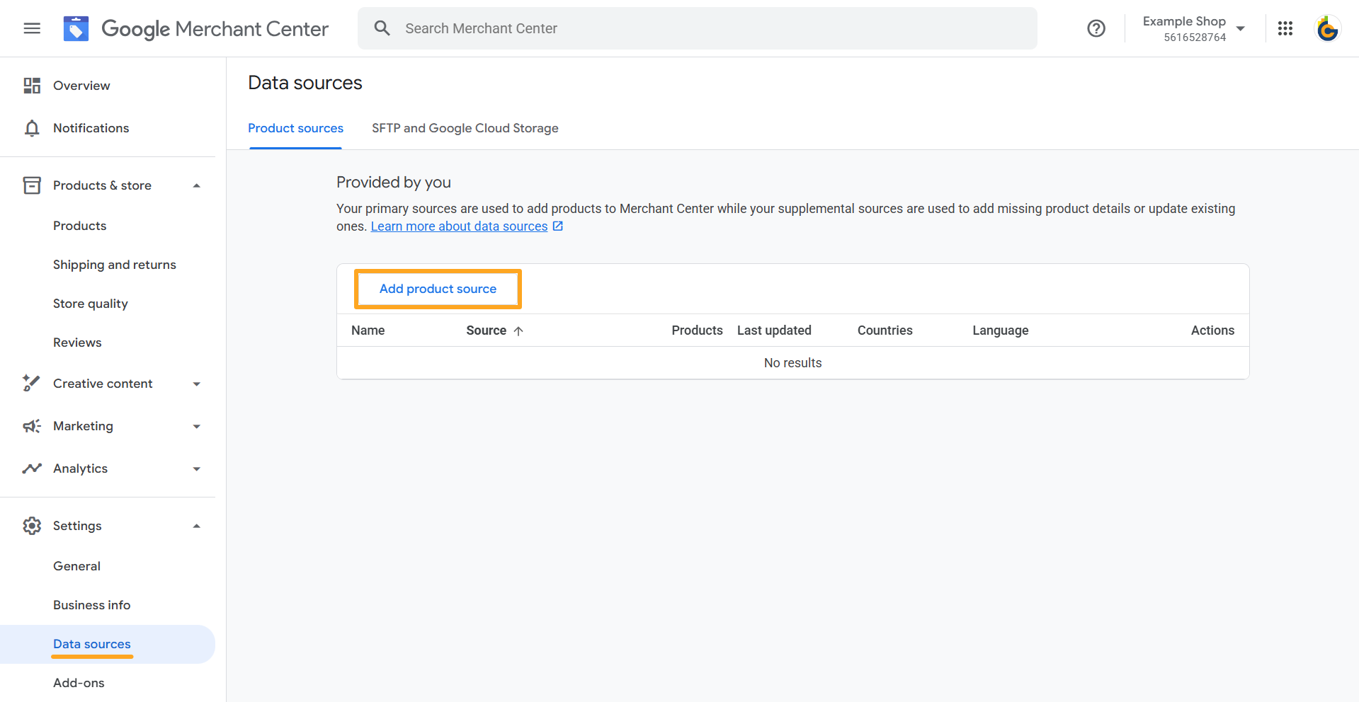 google merchant center settings data sources add product source