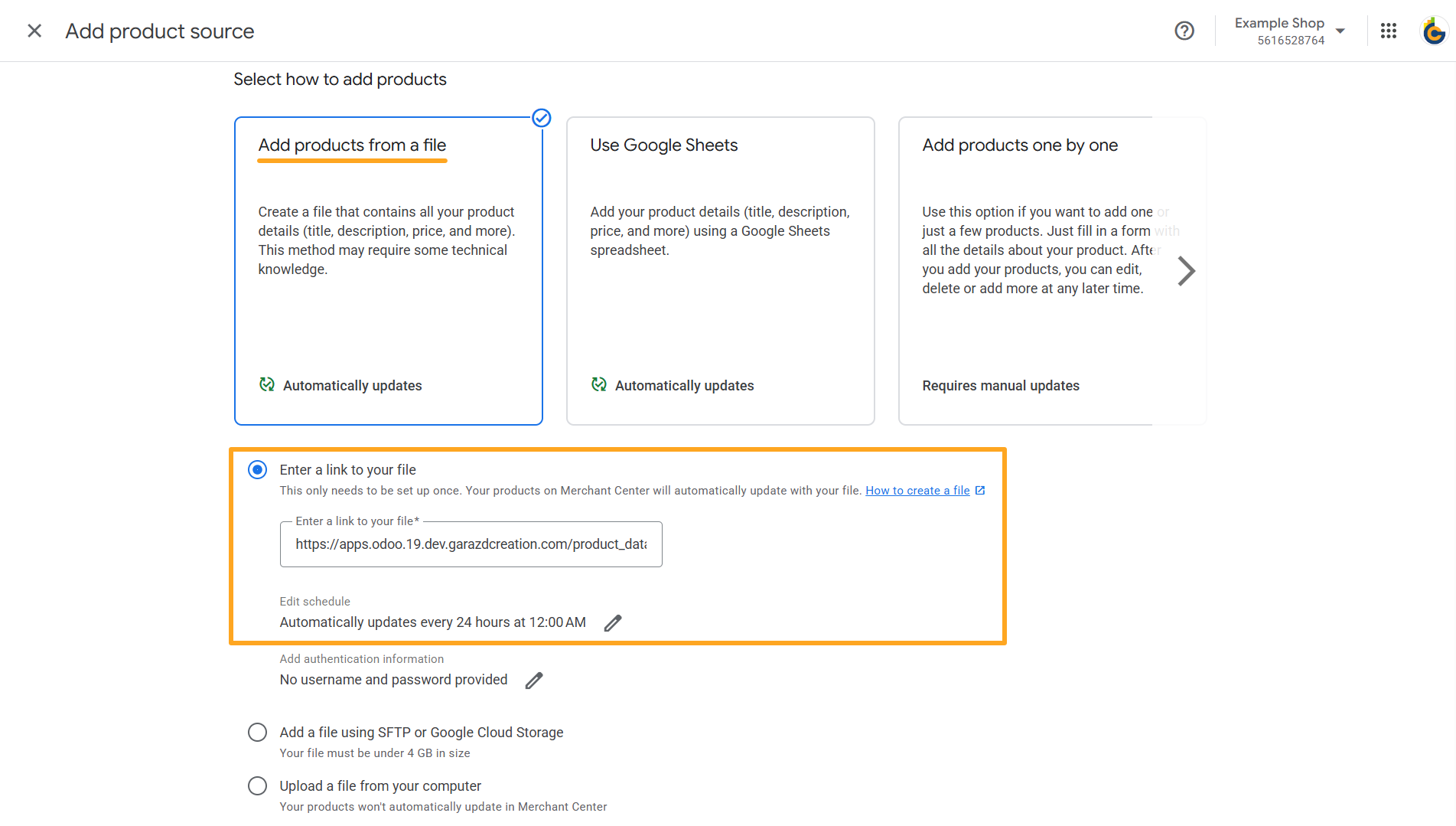 google merchant center add products from file odoo feed url