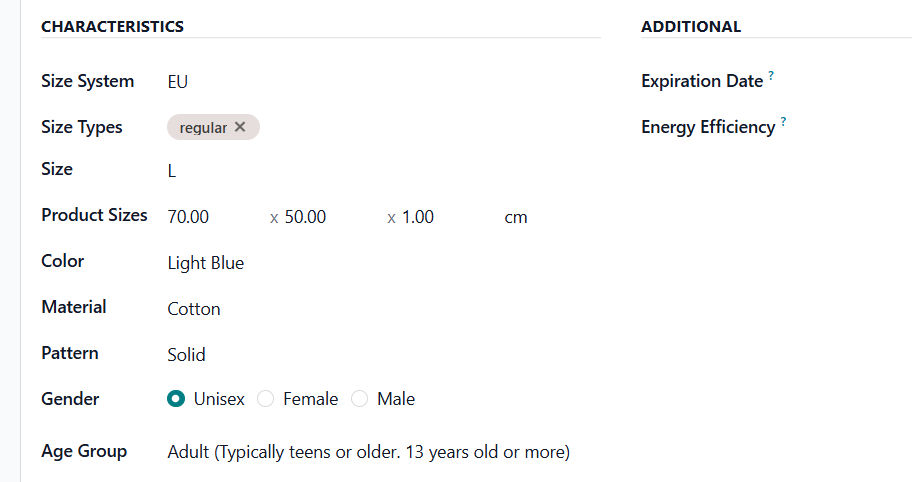 odoo product extra characteristics