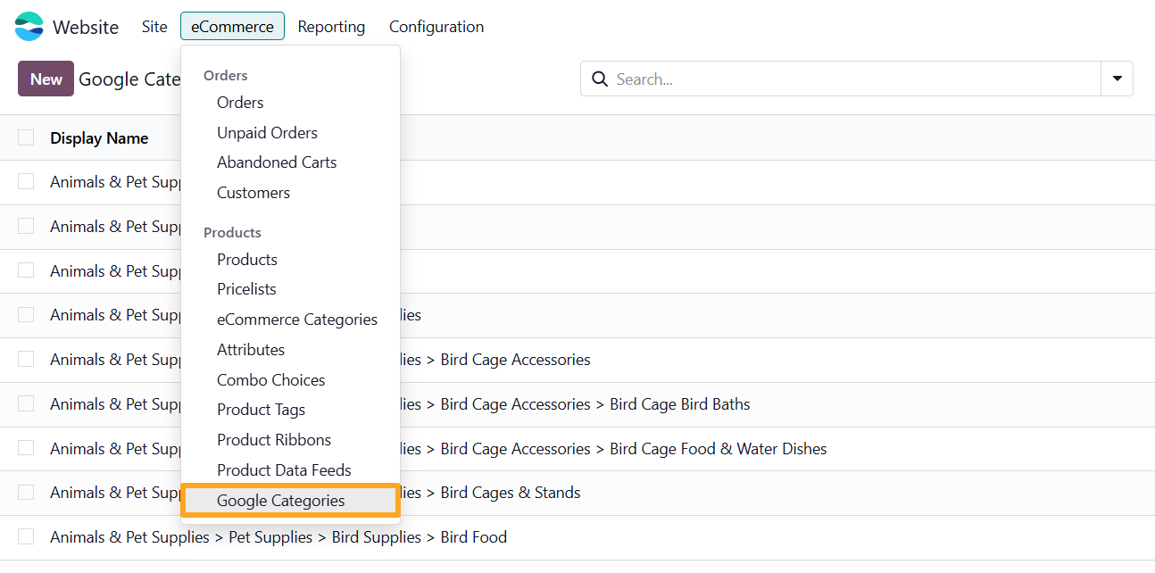odoo website ecommerce products google categories