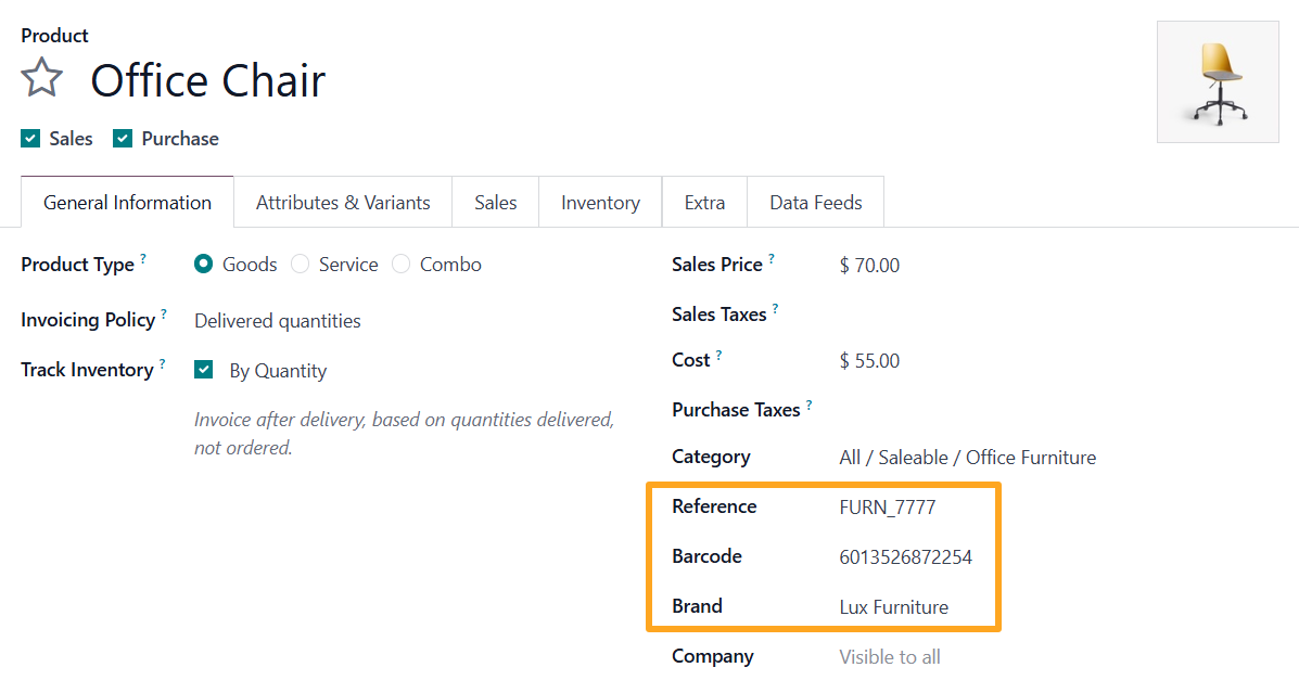 odoo product general information reference barcode brand
