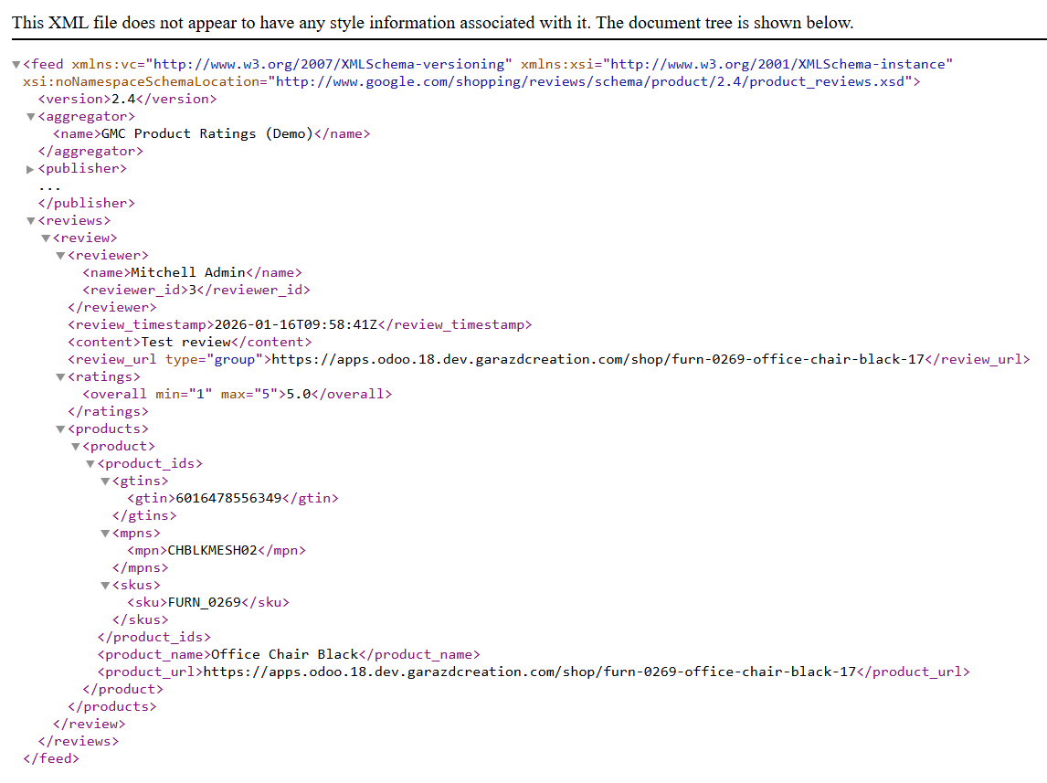odoo google merchant center product review rating feed preview xml
