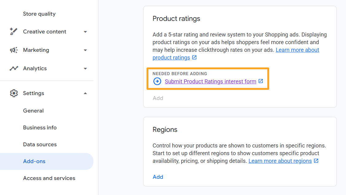 google merchant center add-ons product ratings submit form