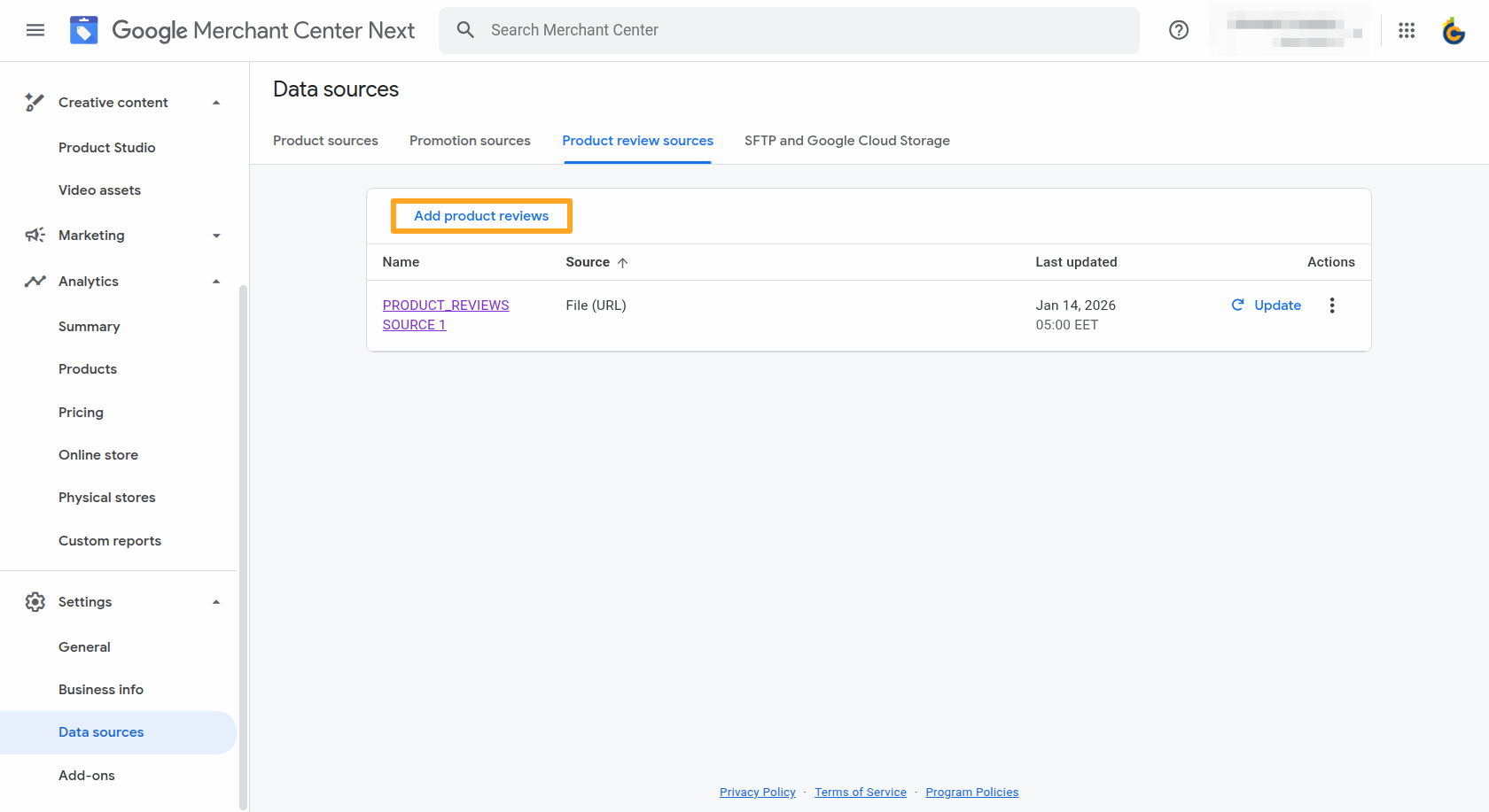 google merchant center data sources add product reviews