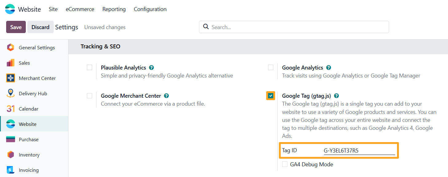 odoo website settings tracking seo google tag gtag js id