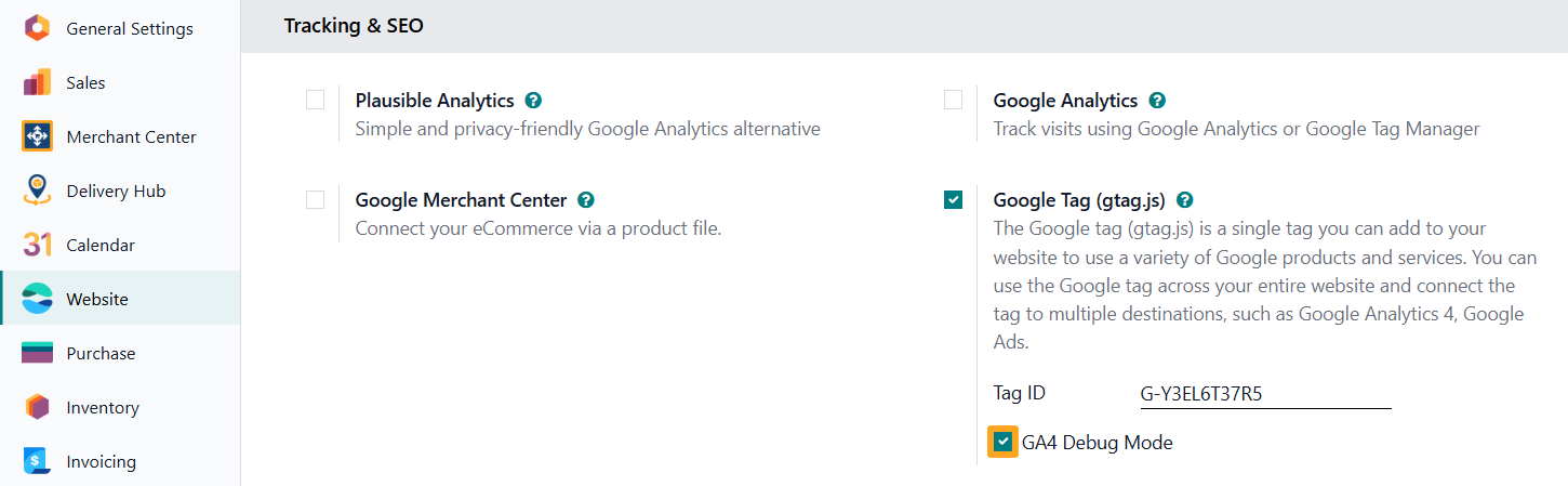 odoo website settings tracking seo google tag gtag js ga4 debug mode