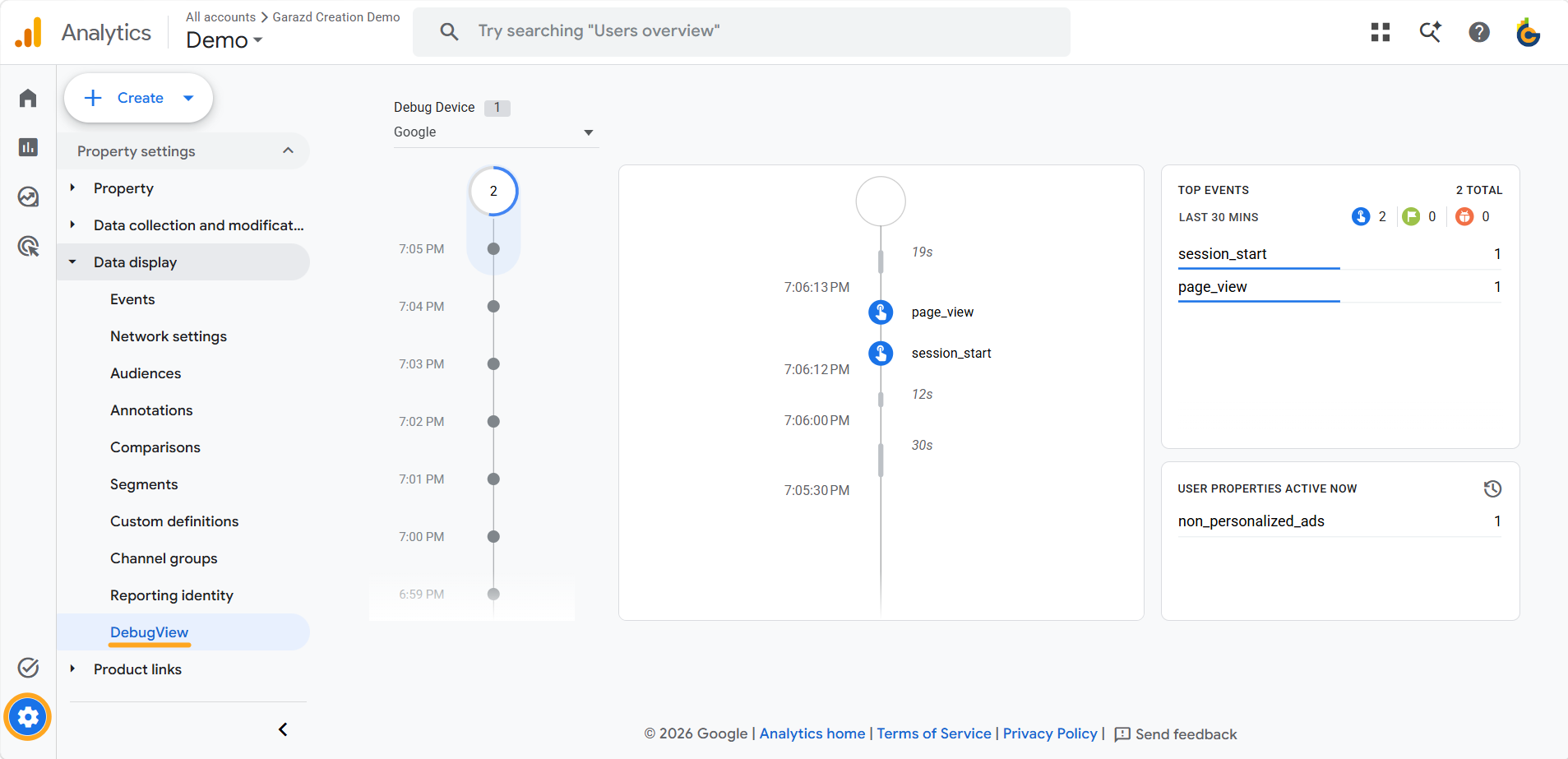 google analytics 4 admin debug view