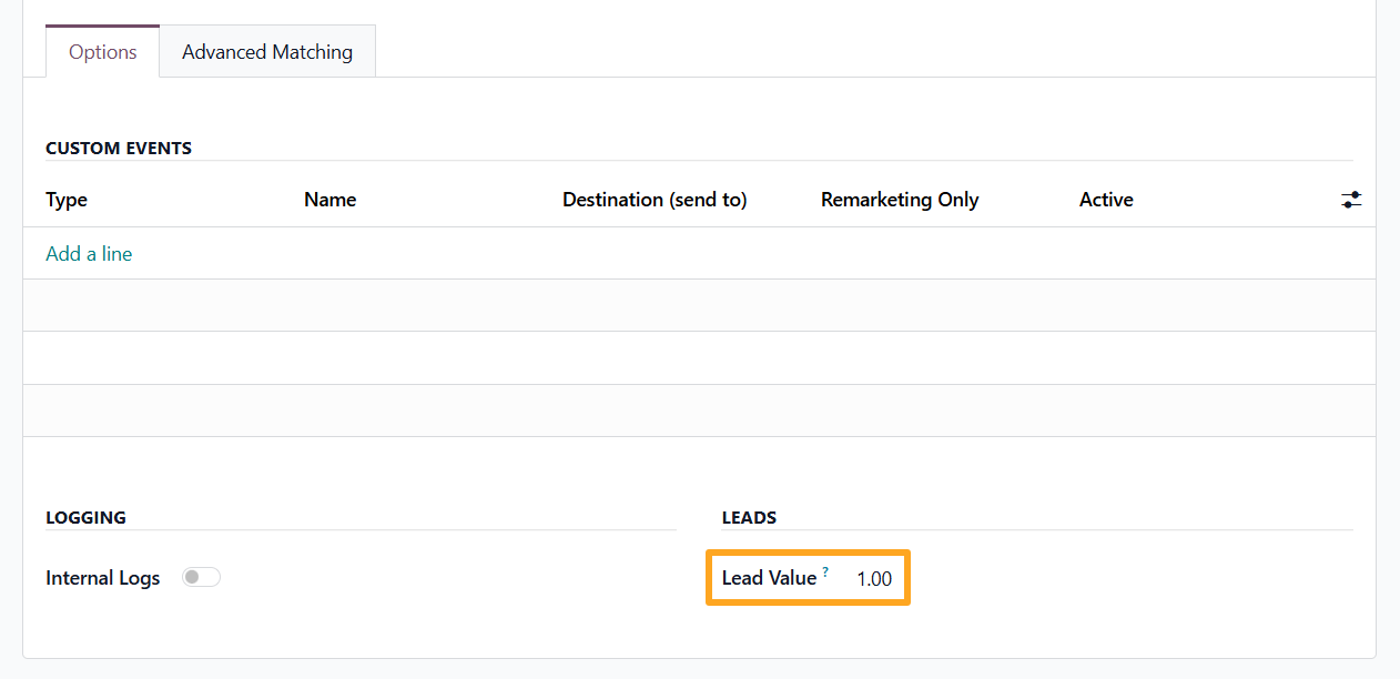 odoo google ads tracking service options lead value