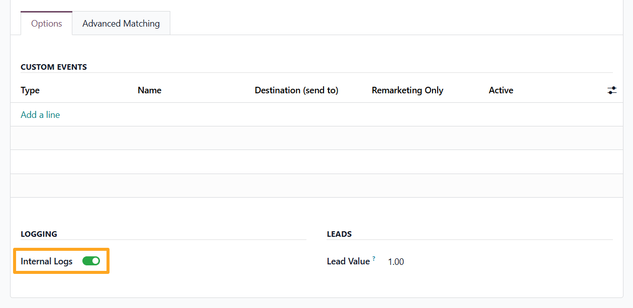 odoo google ads tracking service options internal logs