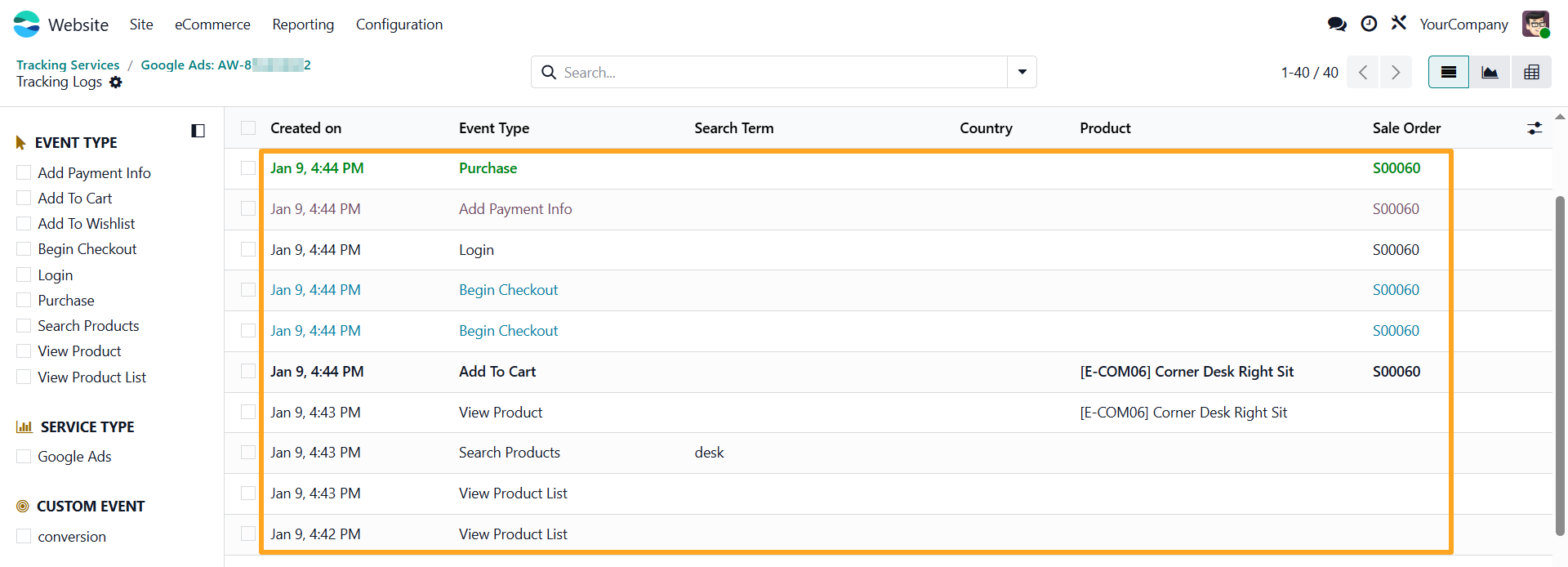 odoo google ads tracking service internal log list