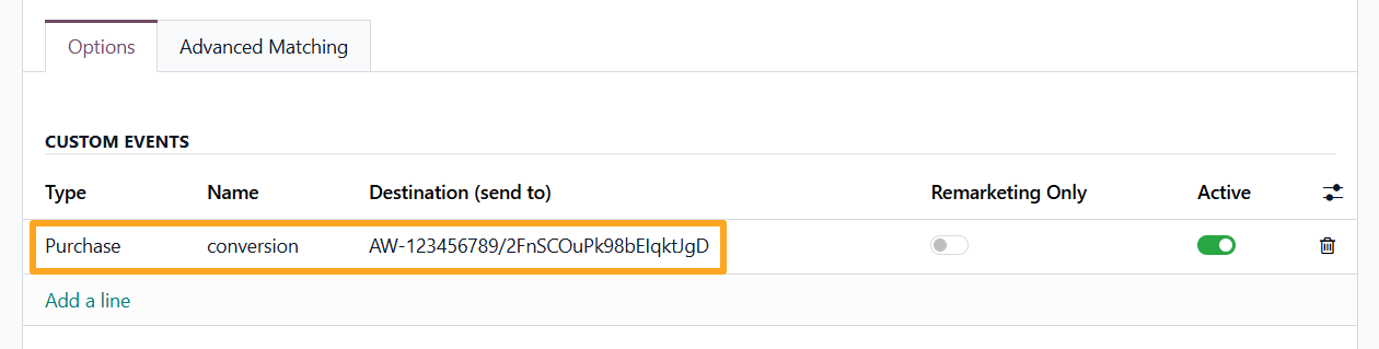 odoo google ads tracking service options custom event
