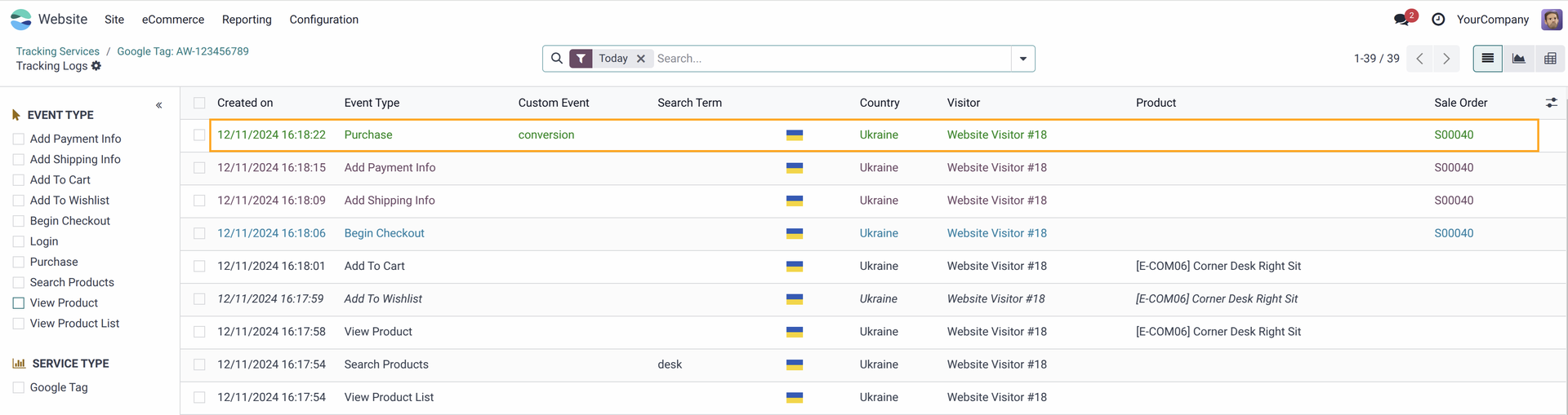 odoo google ads custom event log