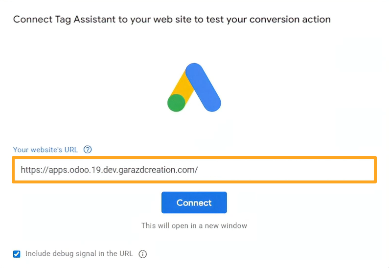 google ads connect tag assistant odoo website url