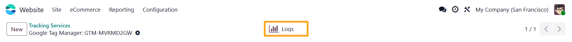 odoo google tag manager tracking service logs button
