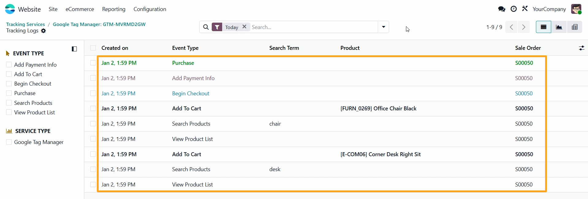 odoo google tag manager tracking service log list