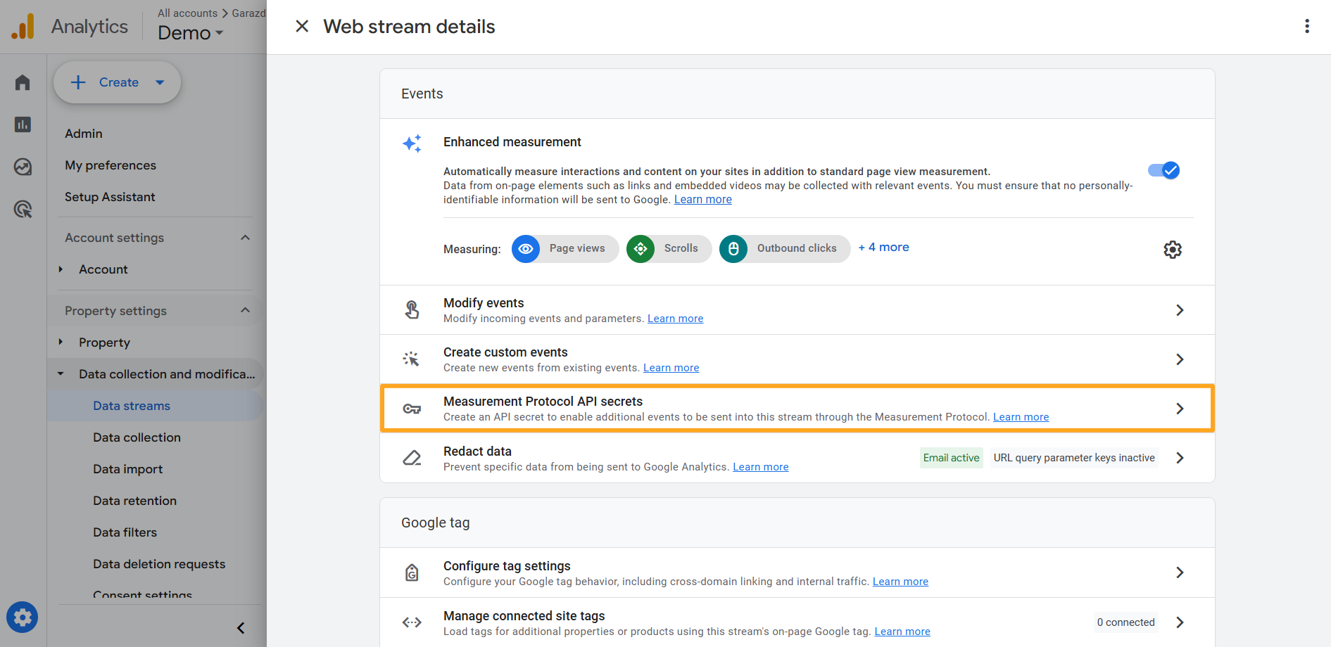 google analytics 4 web stream details measurement protocol api secrets
