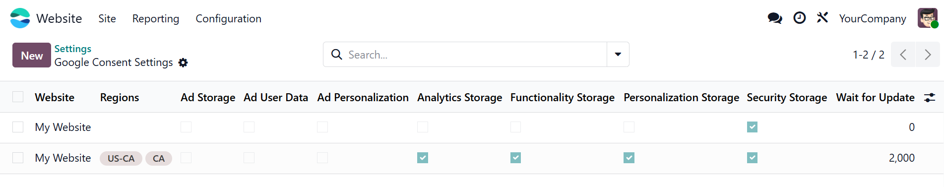 odoo website google consent settings list
