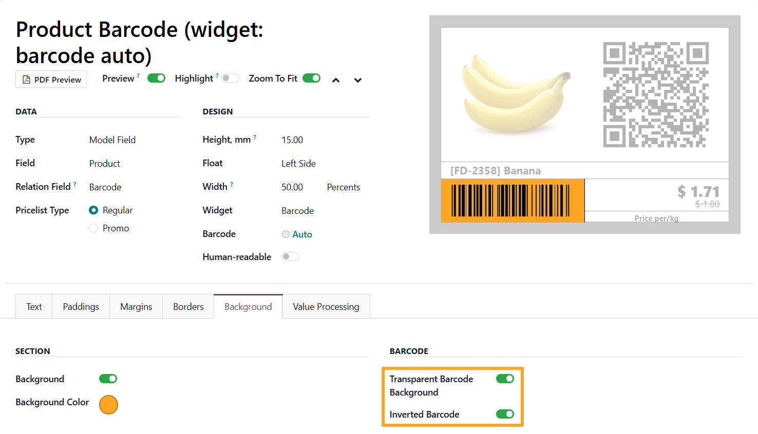 odoo label builder pro bacrode section transparent inverted background