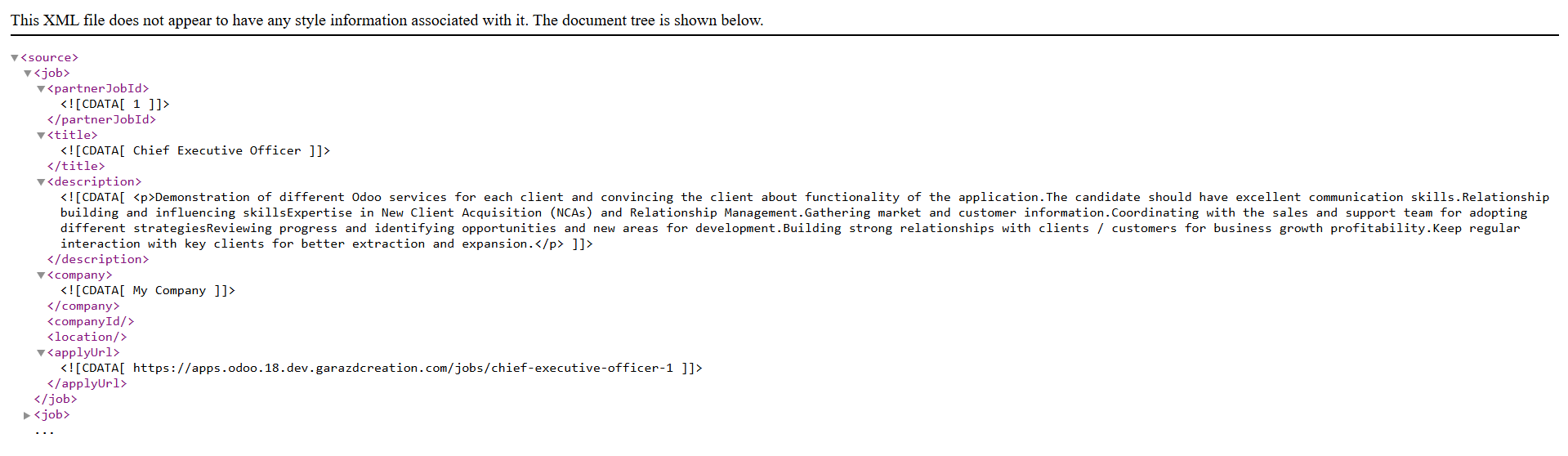 odoo recruitment linkedin job feed xml preview