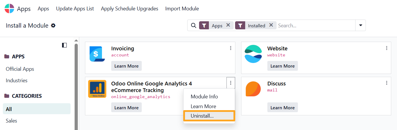 odoo apps uninstall module