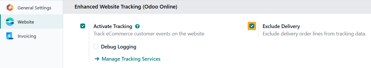 odoo online website settings enhanced tracking exclude delivery