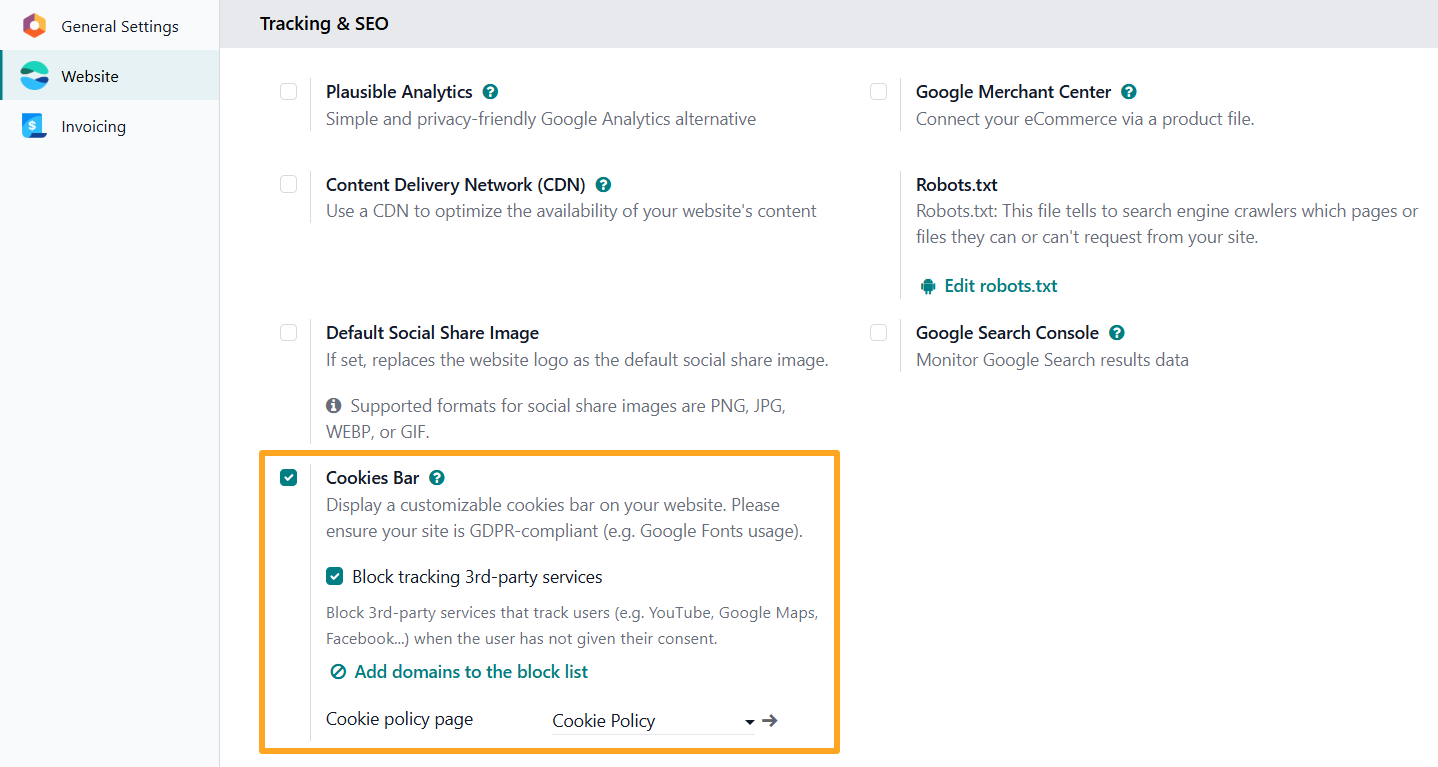 odoo online website settings tracking seo cookies bar