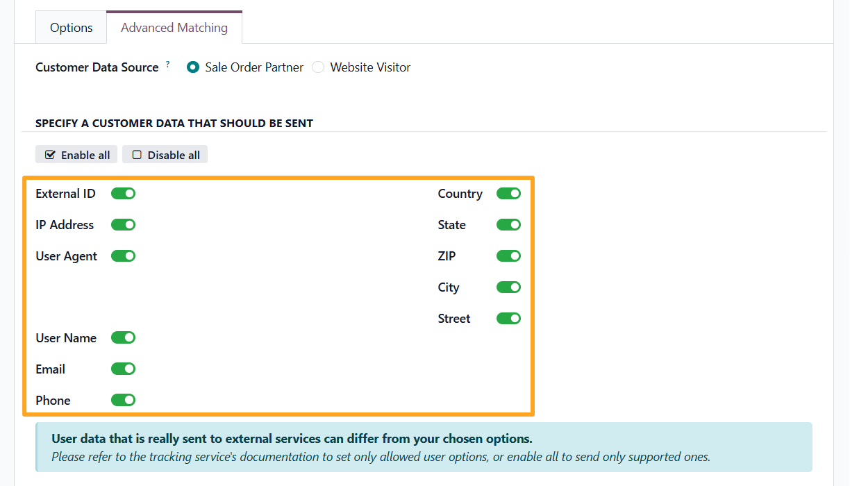 odoo online tracking service advanced matching user-provided data