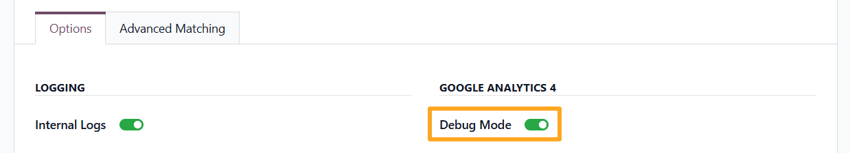 odoo online google analytics 4 tracking service options debug mode