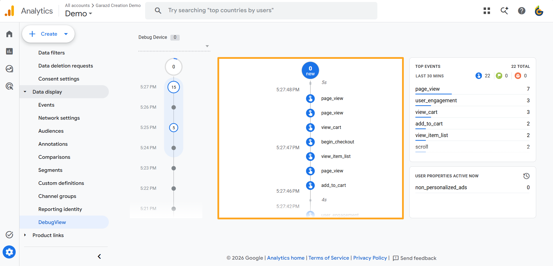 google analytics 4 admin data display debug view