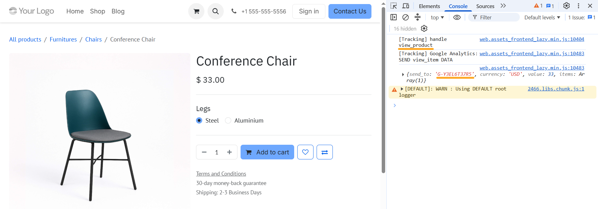 odoo online website browser console google analytics tracking event
