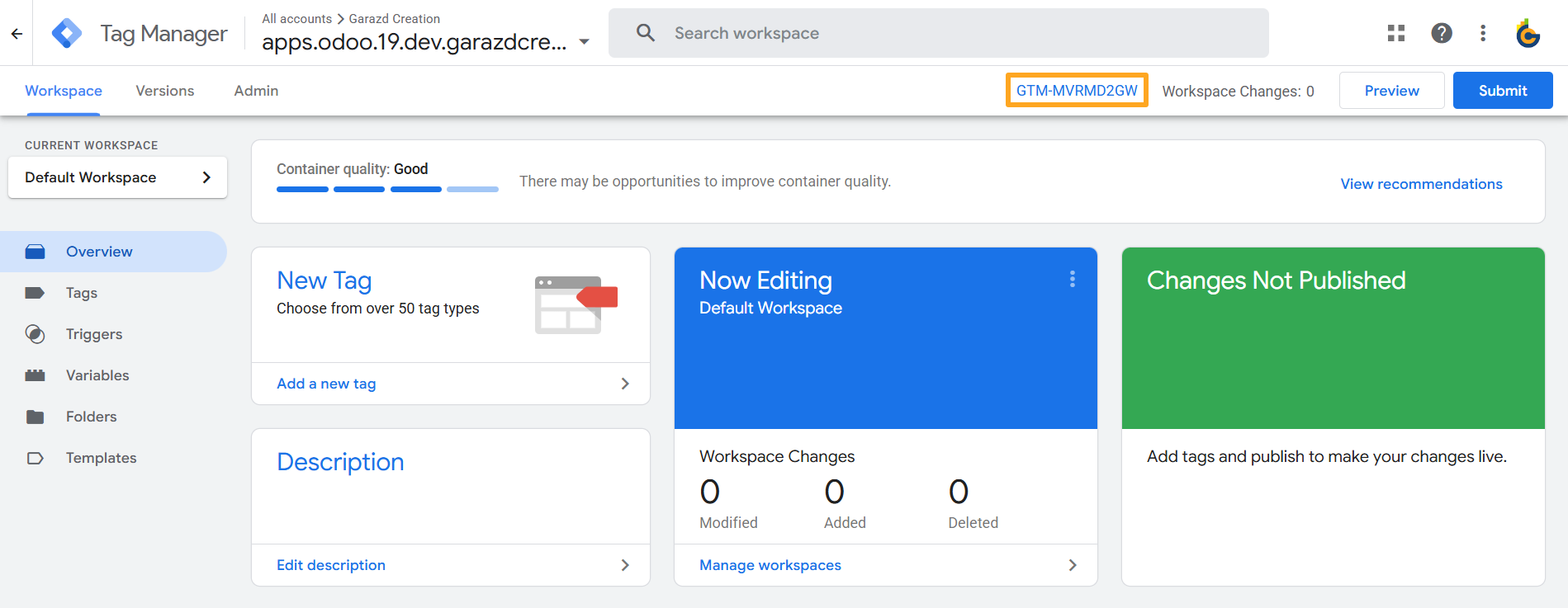 google tag manager account workspace container id